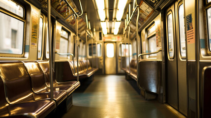 Naklejka premium Subway car empty interior, metro cross section. Ai Generative