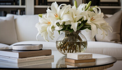 white lilies in a glass vase on a table with books