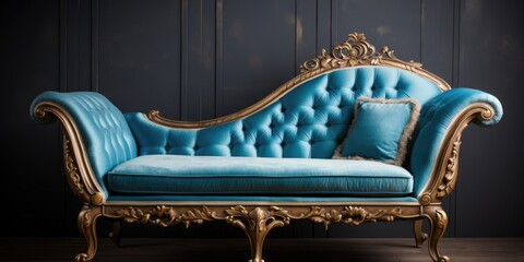Blue velvet chaise lounge with an antique Victorian style, distressed gold giltwood frame, and a sweeping scroll backrest. Classic upholstered furniture.