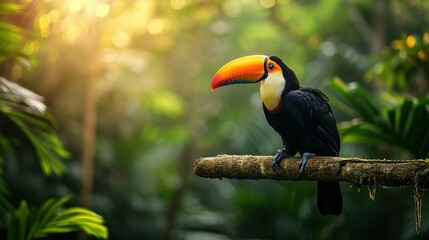 Fototapeta premium Toucan tropical bird sitting on a tree branch in natural wildlife environment in rainforest jungle