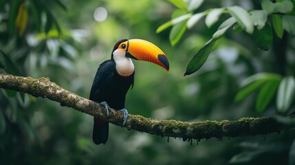 Fototapeta premium Toucan tropical bird sitting on a tree branch in natural wildlife environment in rainforest jungle