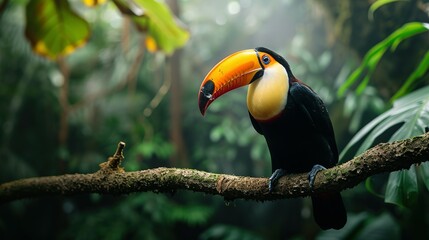 Naklejka premium Toucan tropical bird sitting on a tree branch in natural wildlife environment in rainforest jungle