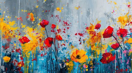 poppies on the background of the old wall, abstract painting