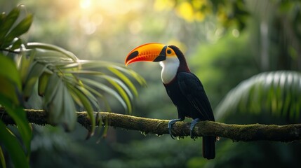 Obraz premium Toucan tropical bird sitting on a tree branch in natural wildlife environment in rainforest jungle