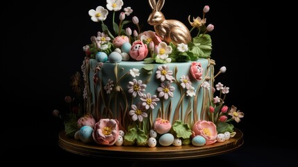 Easter cake with flowers and colored eggs. Traditional Easter pastries. Easter holiday.