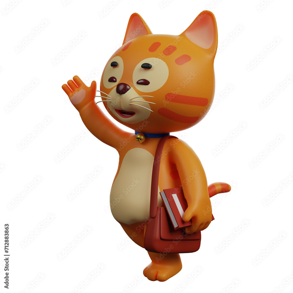 Fototapete 3d illustration. illustration of a beautiful cat 3d character cartoon carrying a bag and a book. wal