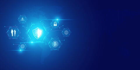 Futuristic blue shield ethics and Security abstract technology background. Artificial intelligence digital transformation and Business quantum internet network communication and Antivirus.