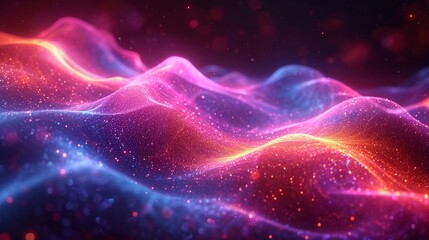 Luminous neon wave in 3D, with an iridescent, fluid motion against a dark, colorful abstract background. Realistic, HD quality.