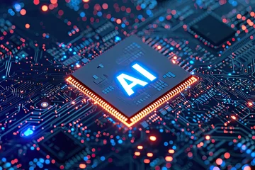 Foto op Plexiglas Artificial Intelligence processor unit. text "AI" on PCB motherboard with data transfers. © ebhanu