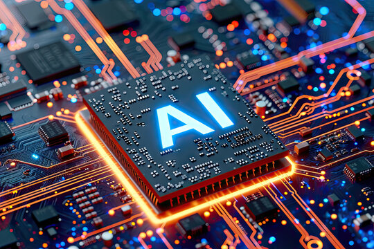 Artificial Intelligence processor unit. text "AI" on PCB motherboard with data transfers.