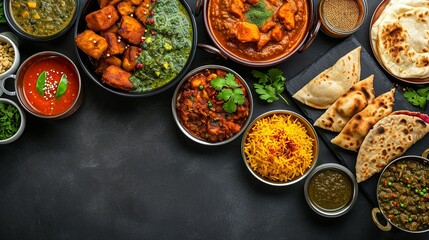 Assorted indian food on black background