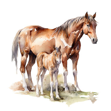 Mare and pony on transparent isolate, horse collection watercolor painting, horse clipart, printable animal stickers, children's book illustration