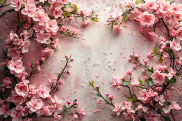 Fotobehang background with beautiful pink sakura flowers with a place for text, mockup © Tatyana