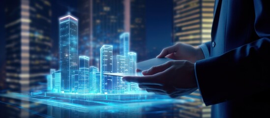 a man using a digital tablet, and a hologram of a modern building.