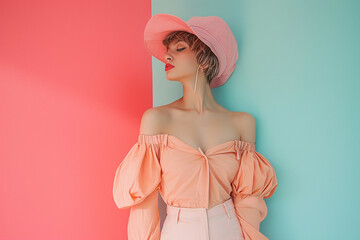 portrait of a fashion young woman in a studio muted color background and minimalistic