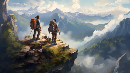 Obraz premium a heartwarming scene of a hiker assisting their friend on a challenging mountain ascent