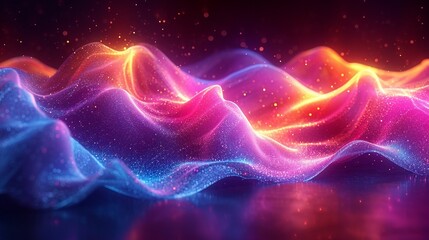 Neon, shimmering wave in fluid 3D motion. Iridescent colors on a vivid, abstract holographic background. Crisp HD quality.