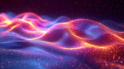 Neon, shimmering wave in fluid 3D motion. Iridescent colors on a vivid, abstract holographic background. Crisp HD quality.