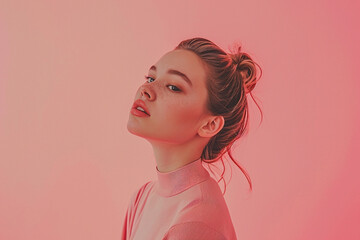 portrait of a fashion young woman in a studio muted color background and minimalistic