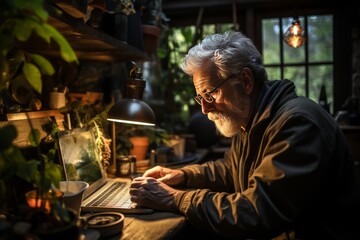 Obraz premium Elderly gentleman managing his online tasks from a rustic home office, featuring warm decor and his trusty laptop, Generative AI