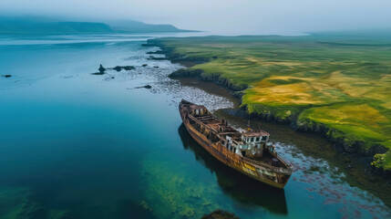 Shipwreck. The ship ran aground top view. The ship crashed on the coastal cliffs. Abandoned marine...