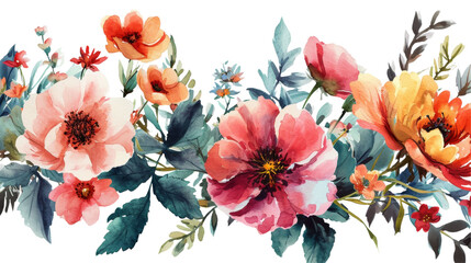 Flowers Footer Border Watercolor Isolated on Transparent or White Background, PNG