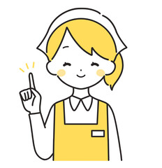 黄色｜指差しをする三角巾の女性店員｜エプロン