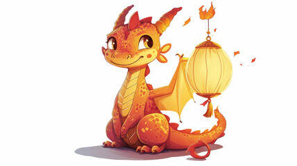 adorable young cartoon dragon holding festive lantern illustration for chinese new year decorations and themed creative projects, isolated white background