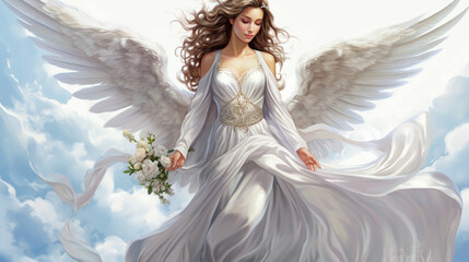 illustration of a very beautiful heavenly angel, dressed in a white wedding dress, wearing a flower crown, standing upright without a background, Generate AI