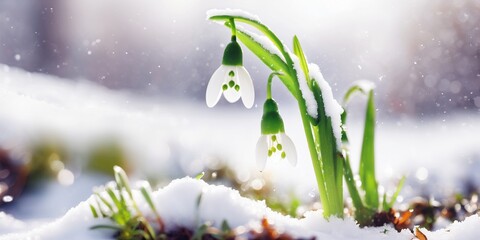 First white snowdrop bloom. March nature garden. Bud macro close up. Forest plant background. Early...