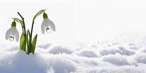 Forest plant background. Early spring flower. March nature garden. First white snowdrop bloom. Bud...