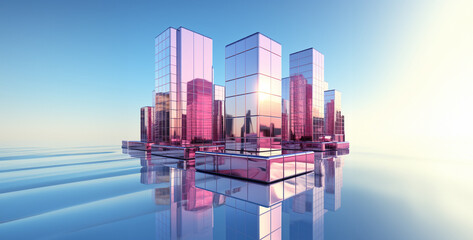 abstract modern city skyscrapers with reflection on water 3d render illustration, 3D render of a modern city with skyscrapers reflected in water