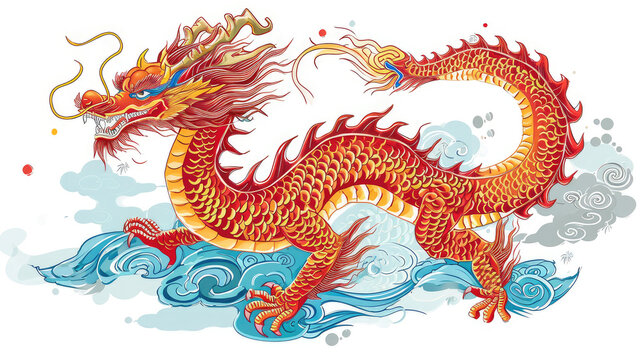 traditional chinese dragon soaring in the clouds. a symbol of power and good fortune for lunar new year celebrations, isolated white background. 