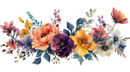 Fototapeta premium Circle Flowers Border Watercolor Isolated on Transparent or White Background, PNG