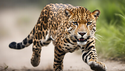Obraz premium wild jaguar cat isolated on white running toward the jungle