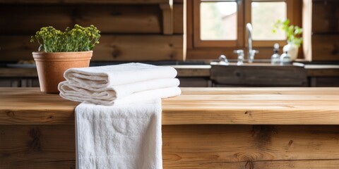 Towel-covered wooden table in rustic kitchen setting