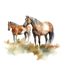 Two horses on transparent isolate, horse series watercolor painting, horse clipart, printable animal stickers, children's book illustration