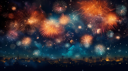 Fototapeta premium Beautiful fireworks background at night for holiday decoration