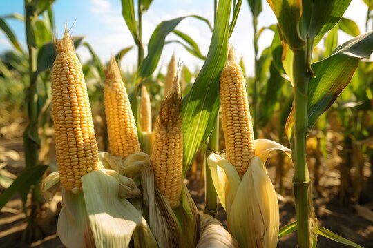 corn in the field. Corn cobs in corn plantation field