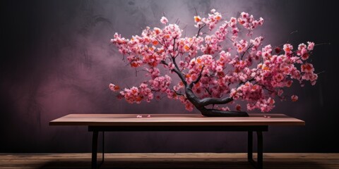 Table in front of blooming tree. Display and presentation.