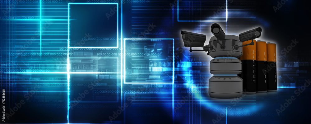 Poster 3d rendering surveillance cctv security camera connected database near battery