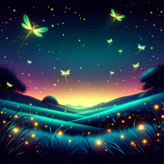 Fototapeta na wymiar A mystical meadow scene with neon accents on a dark background, featuring glowing fireflies at night.
