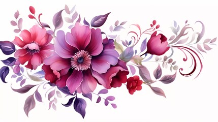 Fototapeta na wymiar illustration Red and purple flowers, leaves clip art watercolor flowers. generative ai