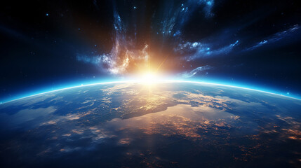 panoramic view of the earth sun star and galaxy sunrise over planet earth, view from space - obrazy, fototapety, plakaty