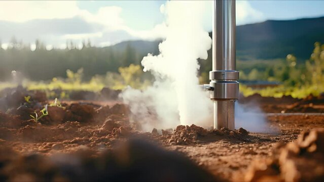 Detailed shot of a geothermal energy system, with steam rising from the ground.