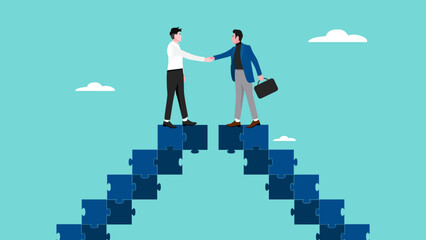 business agreement, cooperation in business to achieve certain targets, growth or progress to achieve goal and target, two business people shaking hands at the top of the ladder from puzzle