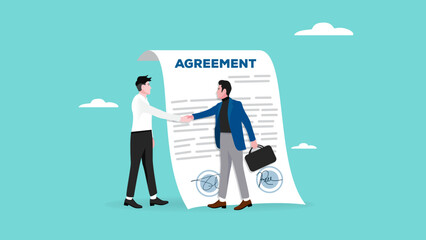 two business people shaking hands for business agreement with agreement paper that has been signed by both parties, cooperation in business to achieve certain targets, business cooperation contract