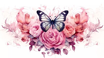 illustration Watercolor rose peony Geometric line butterfly flower Paisley. generative ai