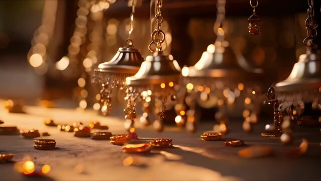 Closeup of delicate anklets adorned with small bells that jingle with every step.
