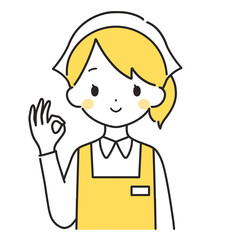 黄色｜OKマークの三角巾をした女性店員｜エプロン